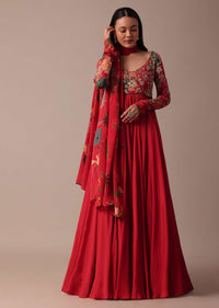 Red Chiffon Anarkali With Printed Dupatta