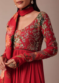 Red Chiffon Anarkali With Printed Dupatta