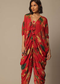 Red Chiffon Draped Kurti With Sequin Work