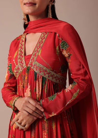 Red Chiffon Embroidered Anarkali With Dupatta