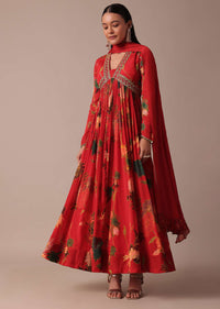 Red Chiffon Embroidered Anarkali With Dupatta