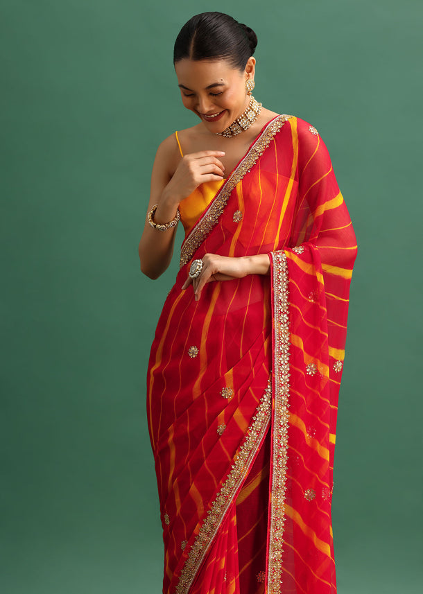 Red Chiffon Leheriya Saree With Embroidered Border And Unstitched Blouse