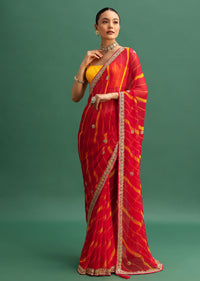 Red Chiffon Leheriya Saree With Embroidered Border And Unstitched Blouse