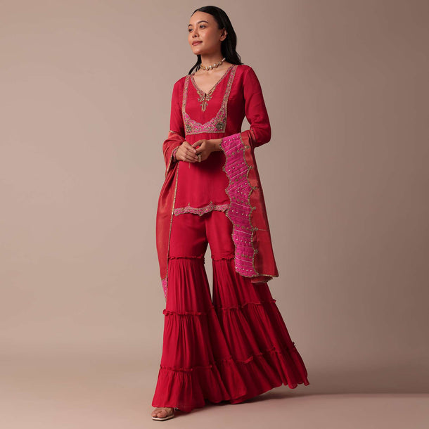 Red Chiffon Sharara Set With Embroidered Kurta