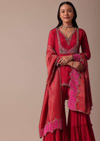 Red Chiffon Sharara Set With Embroidered Kurta