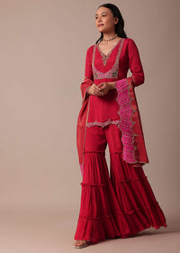 Red Chiffon Sharara Set With Embroidered Kurta