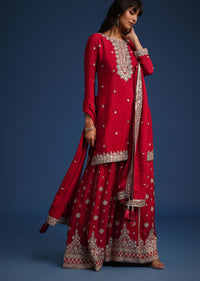 Red Chinon Sequin Embellished Kurta Palazzo Set