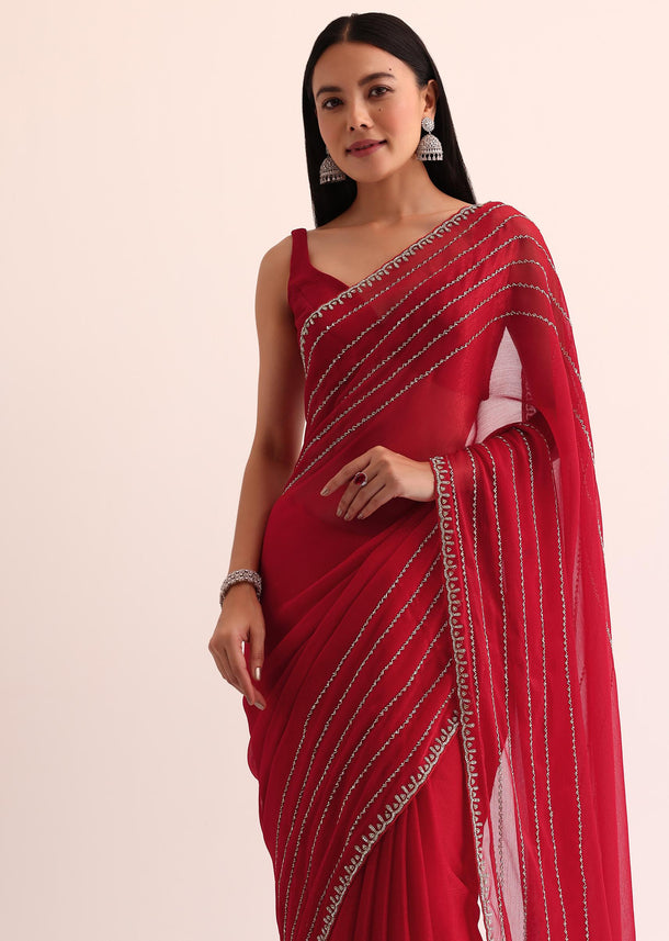 Red Chinon Silk Saree With Cut Dana Embroidery And Unstitched Blouse