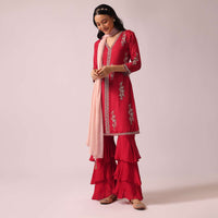 Red Colorblock Kurta And Layered Sharara Set