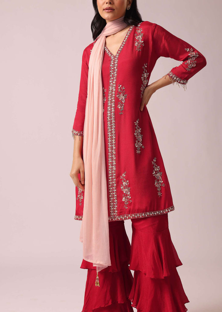 Red Colorblock Kurta And Layered Sharara Set