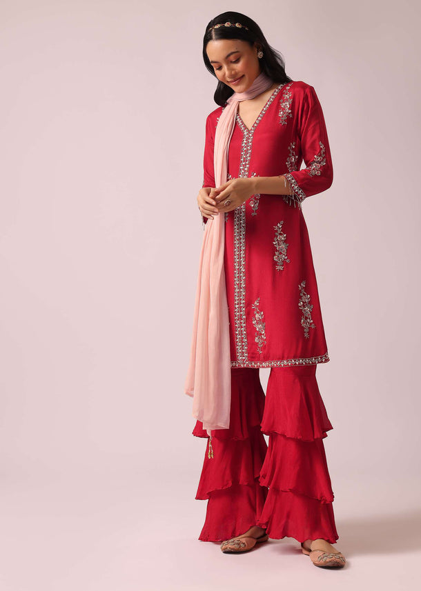 Red Colorblock Kurta And Layered Sharara Set