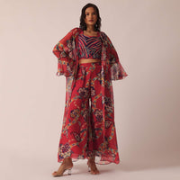 Red Cotton Jacket And Palazzo Set With Printed Detail