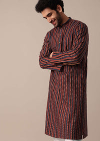 Red Cotton Jaipur Print Kurta Set For Men