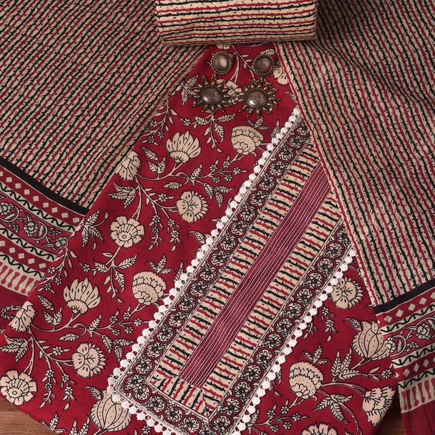 Red Cotton Kalamkari Printed Unstitched Dress Material