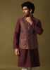 Red Cotton Kurta Jacket Set With Resham Work For Men