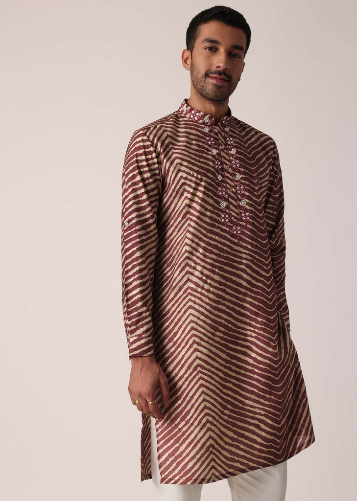 Red Cotton Kurta With Lehariya Print For Men