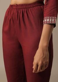 Red Cotton Pant Set With Foil Work