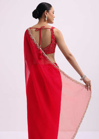 Red Cut Work Organza Saree With Unstitched Blouse