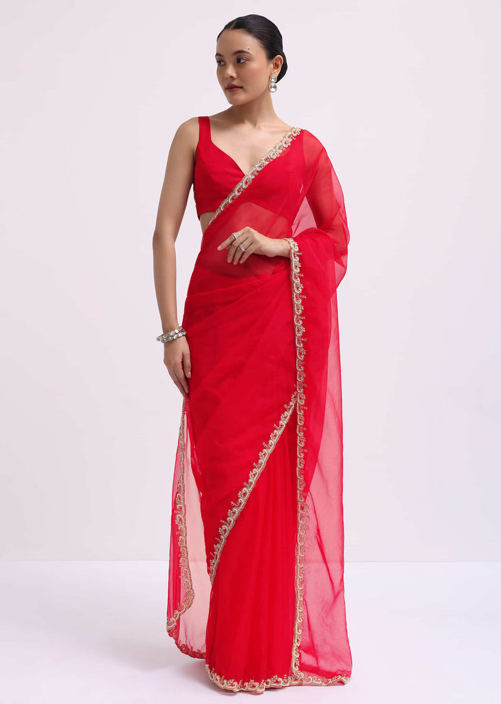 Red Cut Work Organza Saree With Unstitched Blouse
