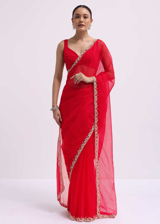 Red Cut Work Organza Saree With Unstitched Blouse