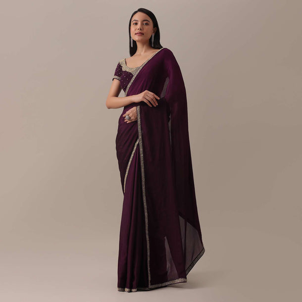 Wine Cutdana Embellished Saree In Chiffon