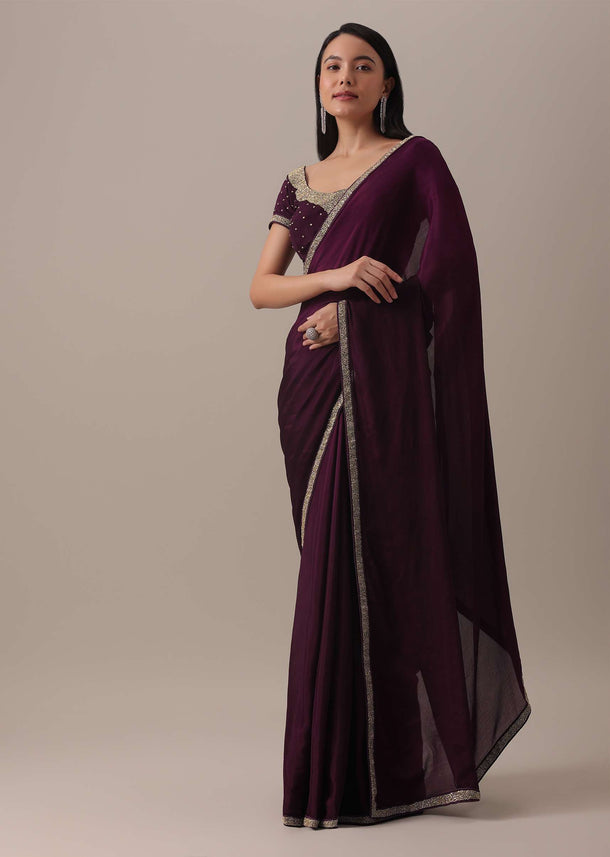 Wine Cutdana Embellished Saree In Chiffon