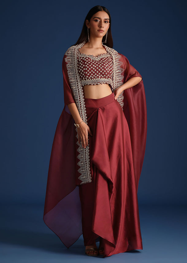 Red Cutdana Work Jacket With Draped Skirt And Crop Top