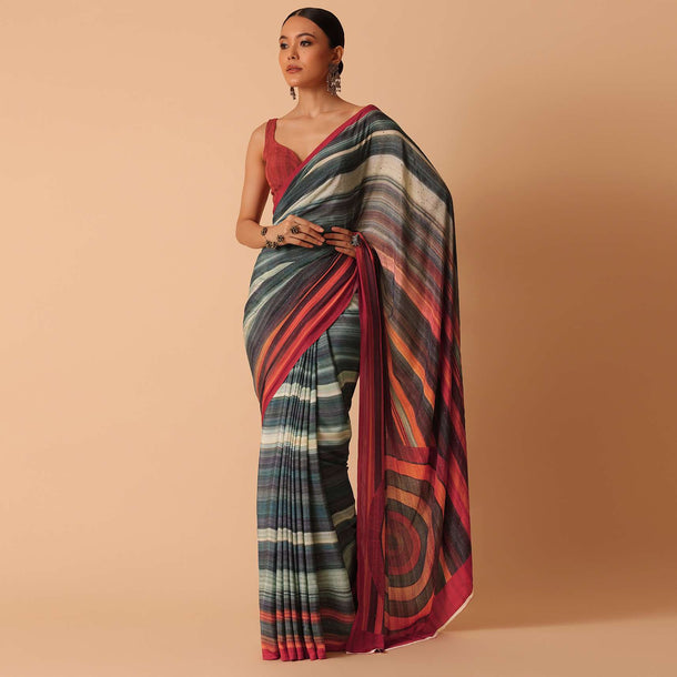 Red Diagonal Stripes Printed Satin Saree With Unstitched Blouse Piece