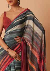 Red Diagonal Stripes Printed Satin Saree With Unstitched Blouse Piece