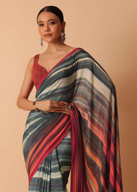 Red Diagonal Stripes Printed Satin Saree With Unstitched Blouse Piece