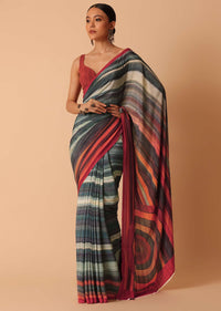 Red Diagonal Stripes Printed Satin Saree With Unstitched Blouse Piece