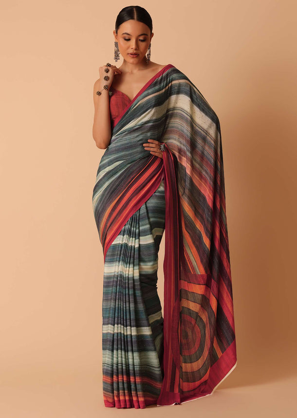 Red Diagonal Stripes Printed Satin Saree With Unstitched Blouse Piece