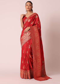 Red Dola Silk Saree With Brocade Weave And Unstitched Blouse Piece