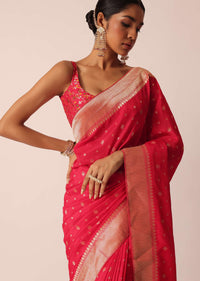 Red Dola Silk Saree With Gold Zari Butti And Unstitched Blouse Piece