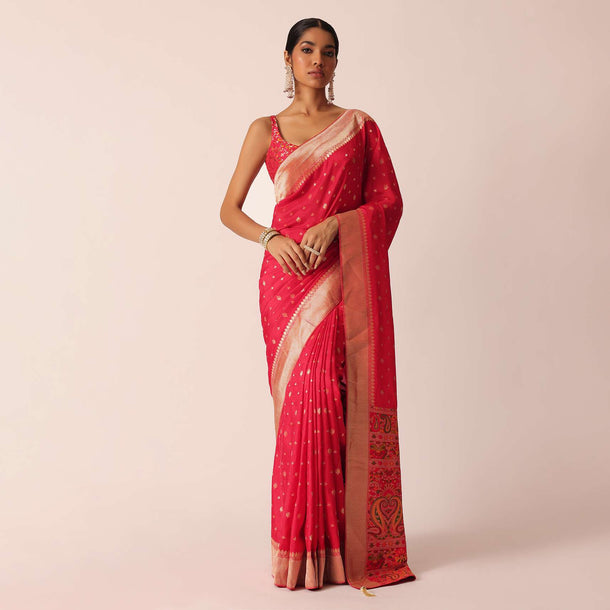 Red Dola Silk Saree With Gold Zari Butti And Unstitched Blouse Piece