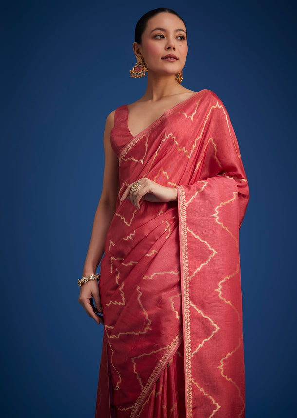 Red Dola Silk Saree With Zari Accents On Pallu And Border