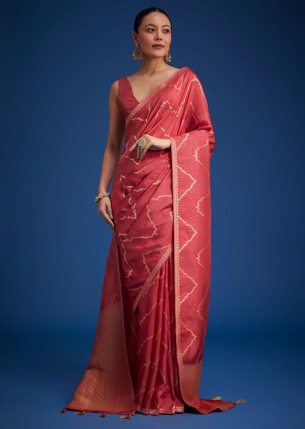 Red Dola Silk Saree With Zari Accents On Pallu And Border