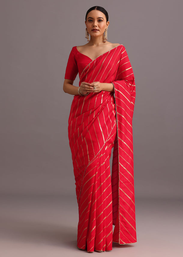 Red Dola Silk Woven Leheriya Saree With Gotta Patti Border