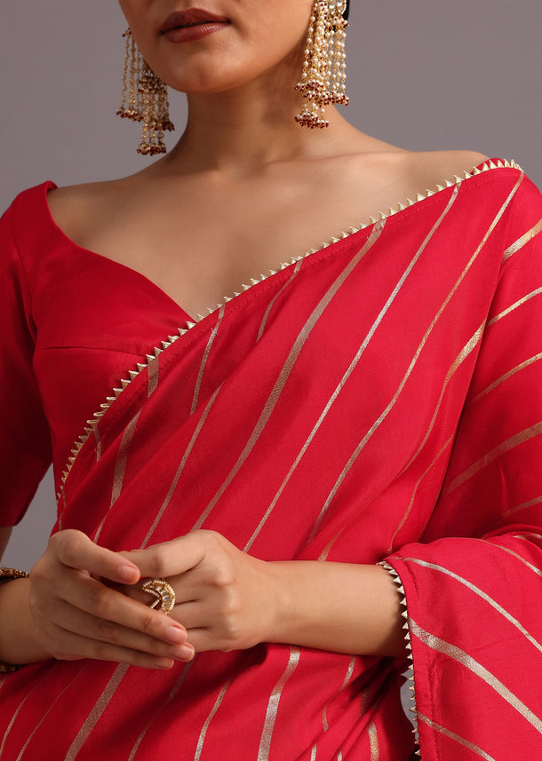 Red Dola Silk Woven Leheriya Saree With Gotta Patti Border