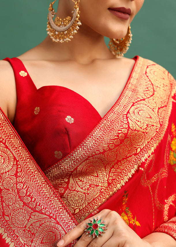 Red Dola Silk Woven Saree With Zari Work And Unstitched Blouse
