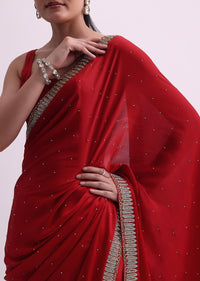 Red Embellished Satin Saree With Cutdana Work And Unstitched Blouse Fabric