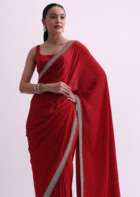 Red Embellished Satin Saree With Cutdana Work And Unstitched Blouse Fabric