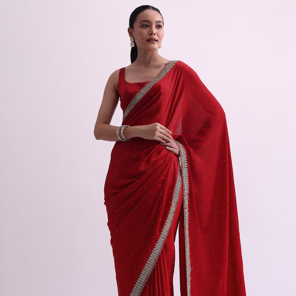 Red Embellished Satin Saree With Cutdana Work And Unstitched Blouse Fabric