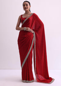 Red Embellished Satin Saree With Cutdana Work And Unstitched Blouse Fabric