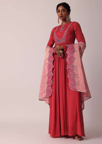 Red Embroidered Anarkali With Tissue Dupatta