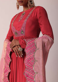 Red Embroidered Anarkali With Tissue Dupatta