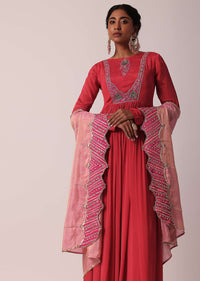 Red Embroidered Anarkali With Tissue Dupatta