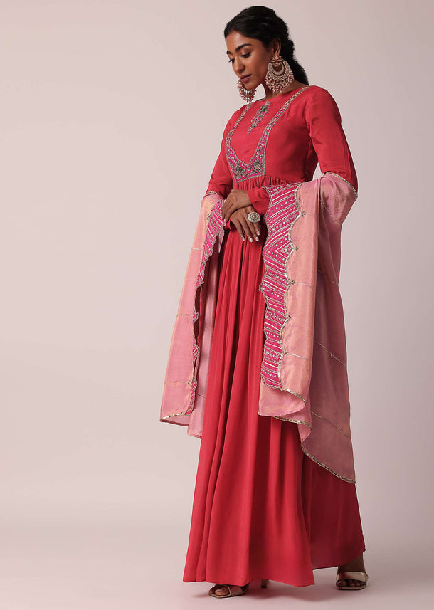 Red Embroidered Anarkali With Tissue Dupatta