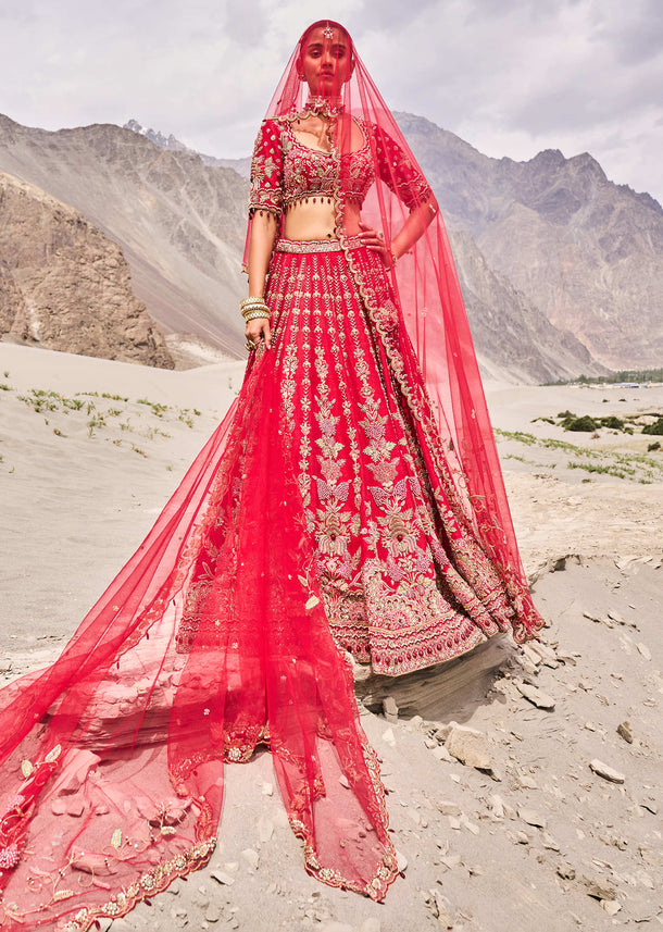 Red Embroidered Bridal Lehenga Blouse With Two Dupattas