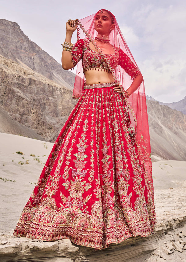 Red Embroidered Bridal Lehenga Blouse With Two Dupattas